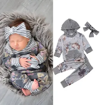 

Baby Girl Long Sleeve Hoodie Tops Print Pants Clothes Set Newborn Baby Girls Hooded Flower Tops+Pants Outfit Tracksuit Clothes