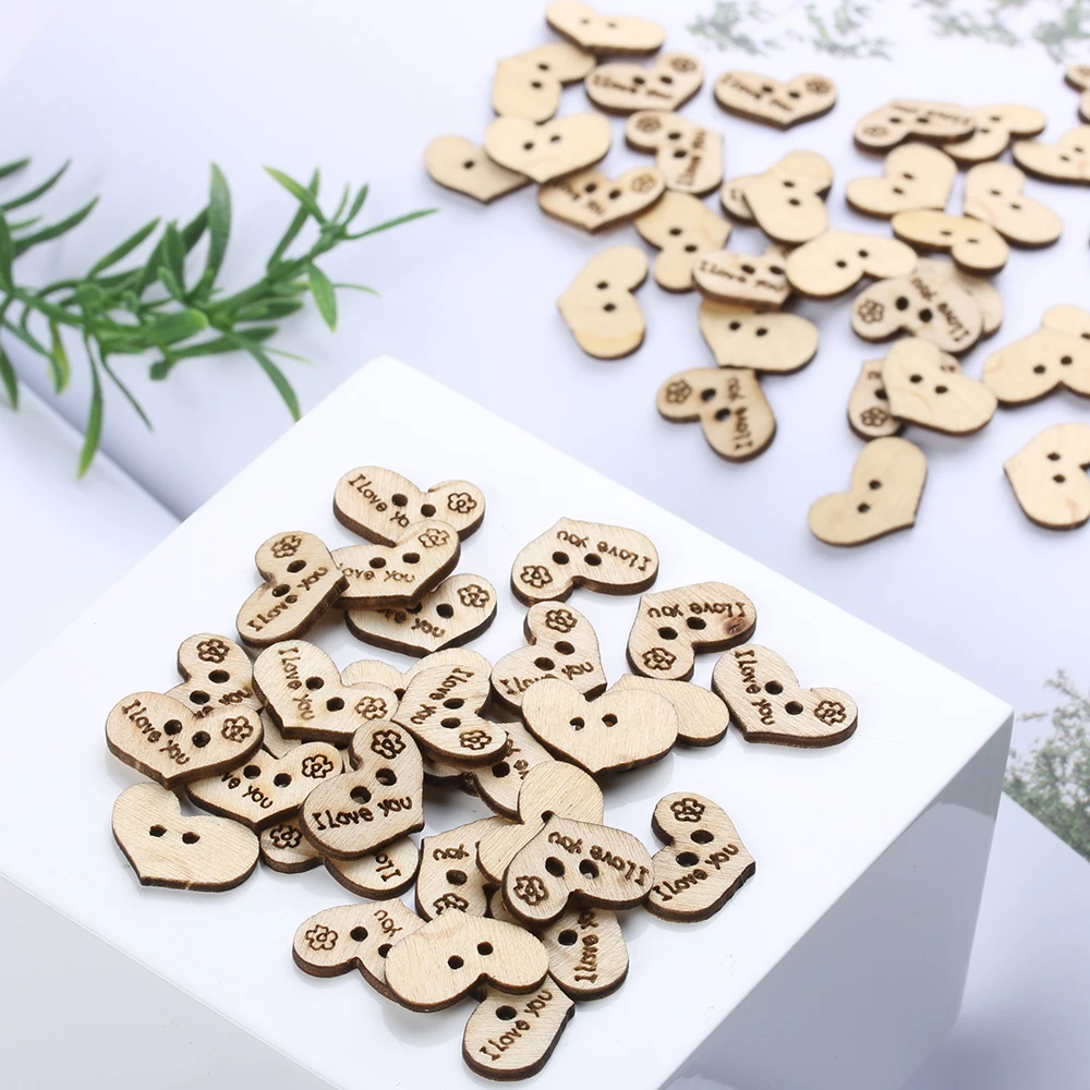 

100Pcs I Love You Rustic Wooden Button Wedding Table Scatter DIY Crafts Card Making Embellishment Sewing Supplies