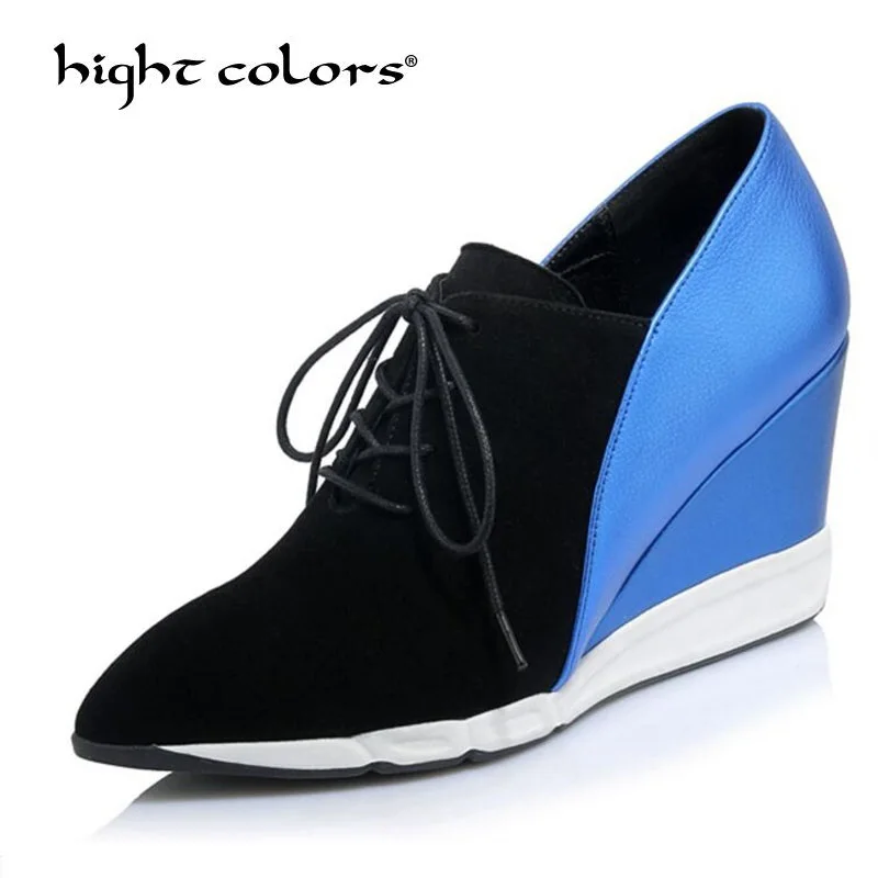

2018 spring new pointed wedges shoes women pumps female lace genuine leather high heels nude color deep mouth casual shoes