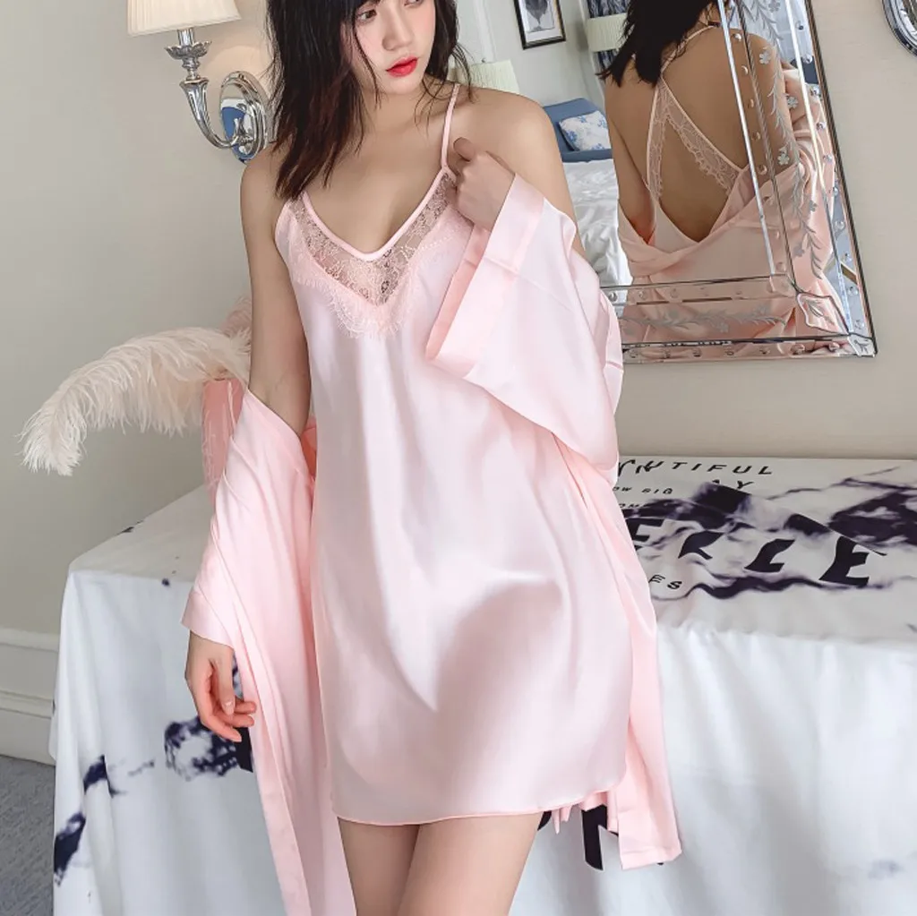 Сексуальная пижама для женщин, ночная рубашка на mujer, набор халатов, элегантный, без бретелек, Femme, Дамская одежда для сна, халаты, белье, слинг, ночная рубашка 20 - Цвет: Розовый