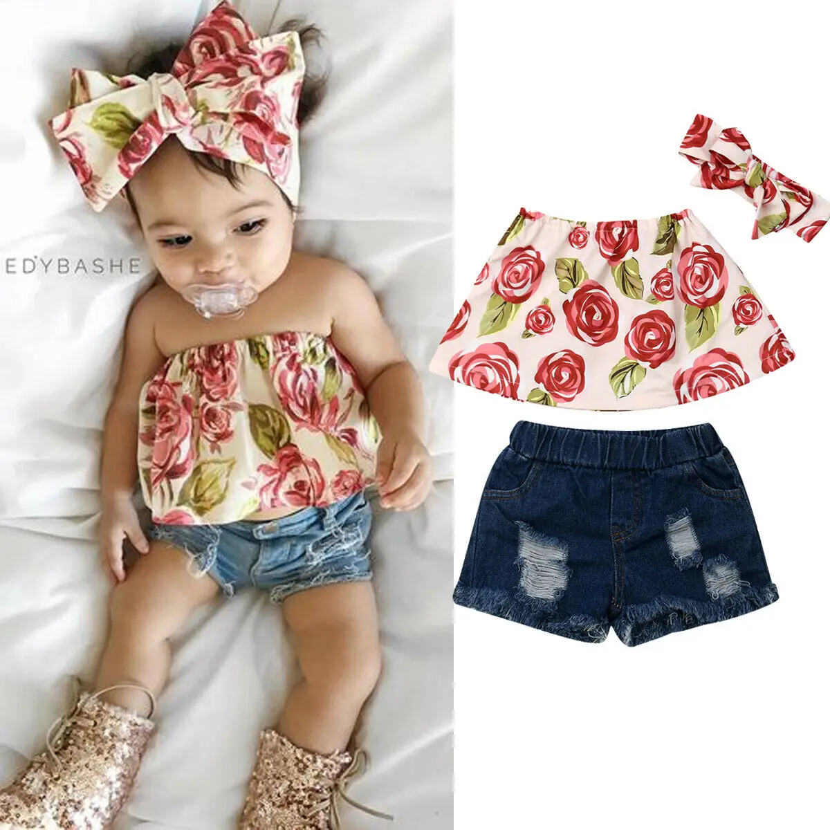 

1-6Y Cute Infant Kids Baby Girls Clothes Sets Flowers Print Sleeveless Strapless Vest Tops+Denim Shorts Headband