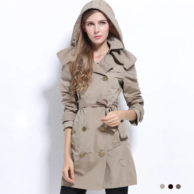 England Style Women Long Trench Coat Double Breasted Button Blue Trench