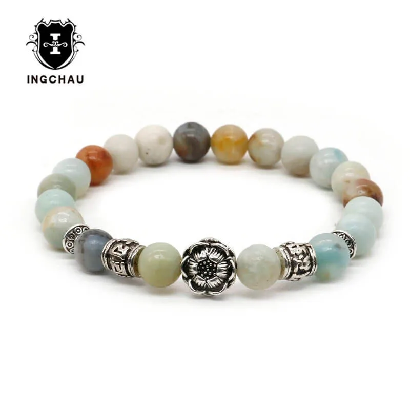 

Tibetan Antique Silver Plated Buddhism Buddha Lotus Bracelet Mala Jewelry Natural Prayer Beads Amazonite Bracelet For Women BD-8