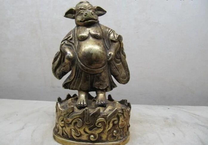 

Fast shipping USPS to USA S3088 Chinese Folk Old 100% Pure Bronze 24K Gild " Zhu Ba Jie Pig " Statue