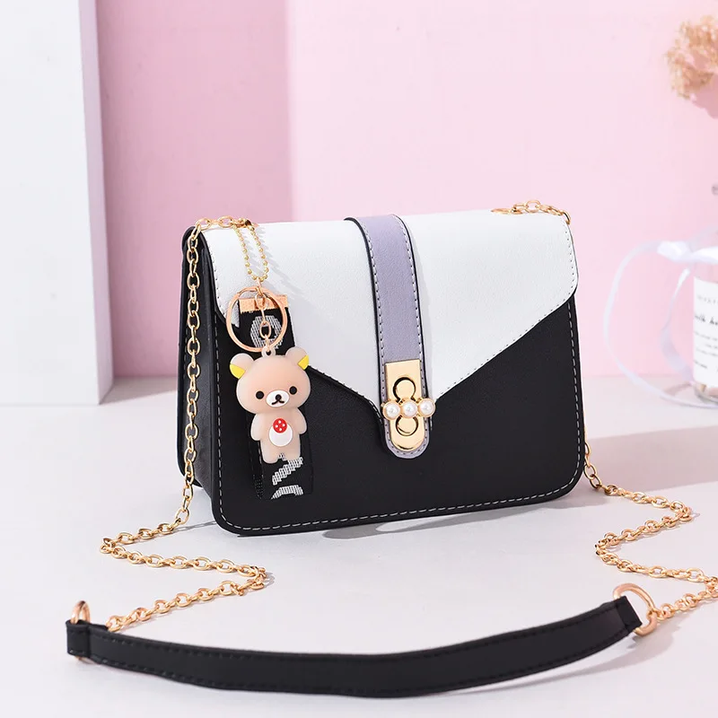 

2019 Women Panelled Handbags PU Leather Flap Crossbody Bags Female Mini Bear Pendant Designer Shoulder Bag For Lady Pearl Bolsa