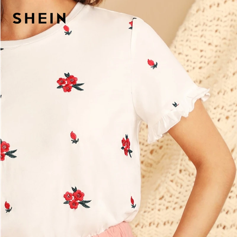 SHEIN Футболка С Цветочной Вышивкой И Оборками Весенняя Современная Женская
