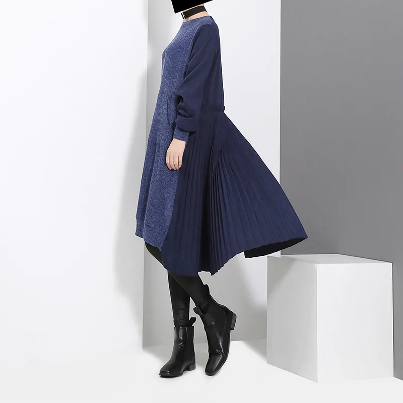 [EAM]2019 New Spring Winter Round Neck Long Sleeve Back Pleated Split Joint Irregular Loose Blue Dress Women Fashion JD487