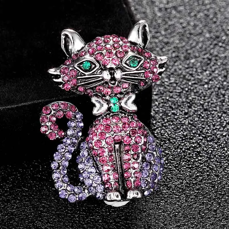 Purple pink rhinestone cat brooches jewelry for women's party gifts
