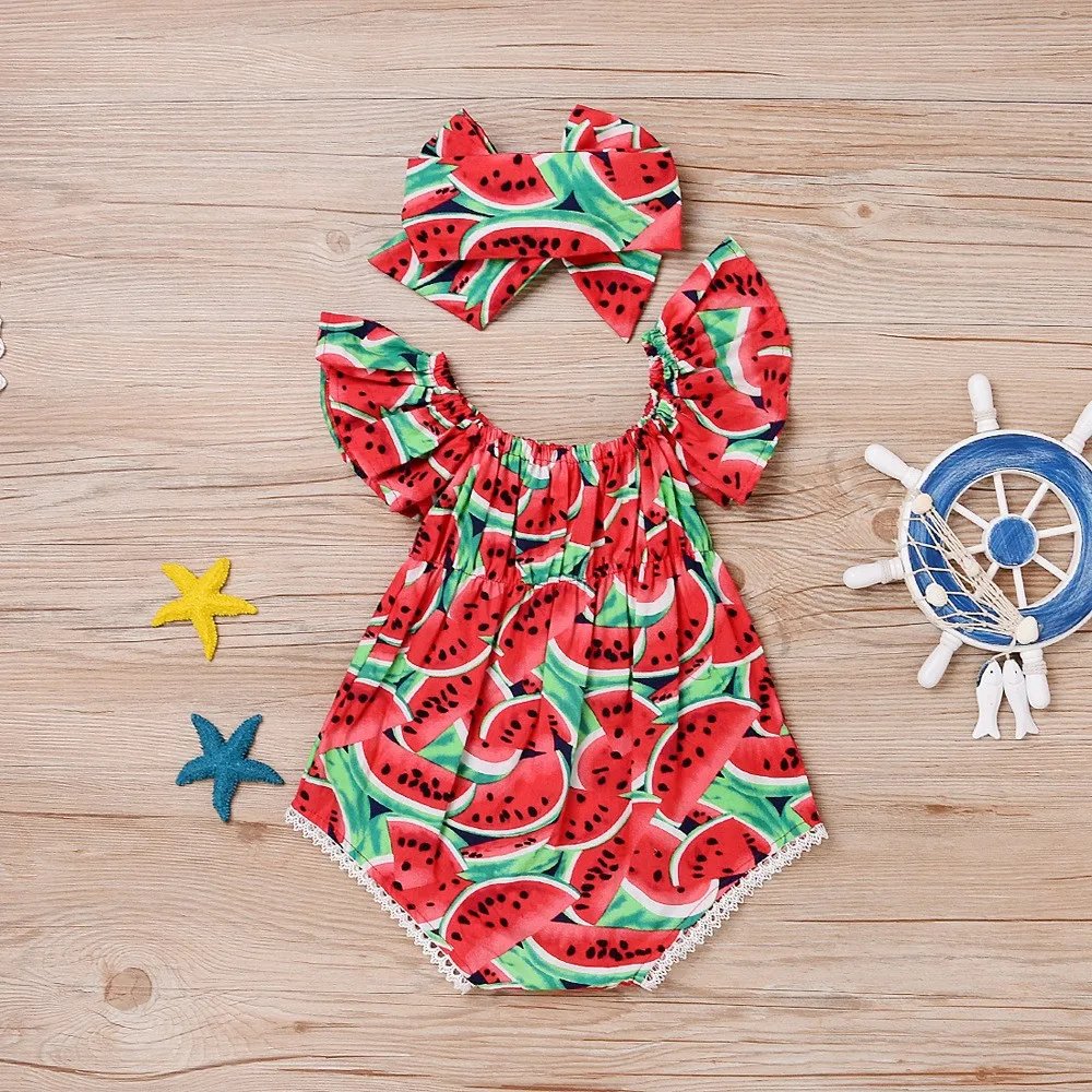 Одежда для новорожденных девочек с принтом арбуза, боди с короткими рукавами и круглым вырезом, повязка на голову для ребенка, хлопковый повседневный летний комплект из 2 предметов - Цвет: Color 1 set