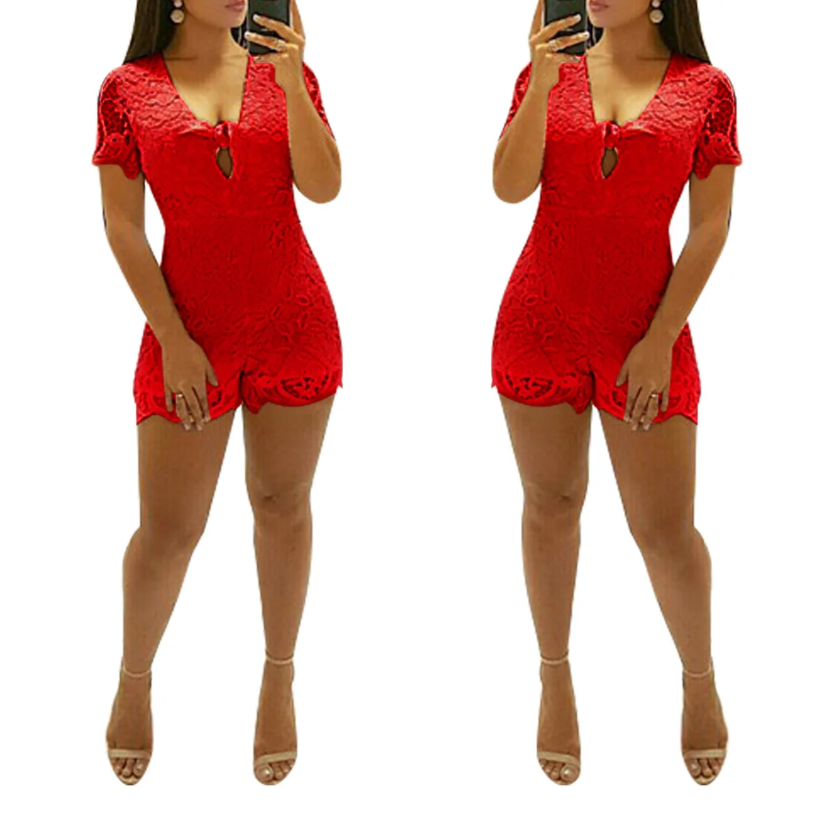 Sexy Short Sleeve Hollow Out Lace Playsuit mesh Bodysuit Women V Neck