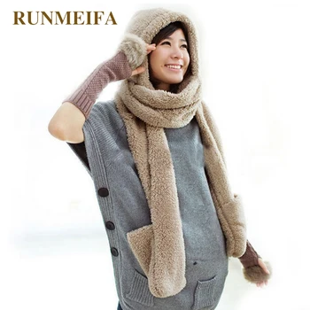 

[RUNMEIFA] Thick and soft shawl winter warm hooded scarves and mittens for women many colors cleative design scarf gloves shawl