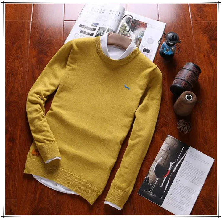 Новинка, осенне-зимний мужской свитер, хлопковые пуловеры с длинным рукавом и круглым вырезом, мужские свитера с вышивкой, M, L, XL, 2XL, 3XL, белый, красный, черный - Цвет: yellow