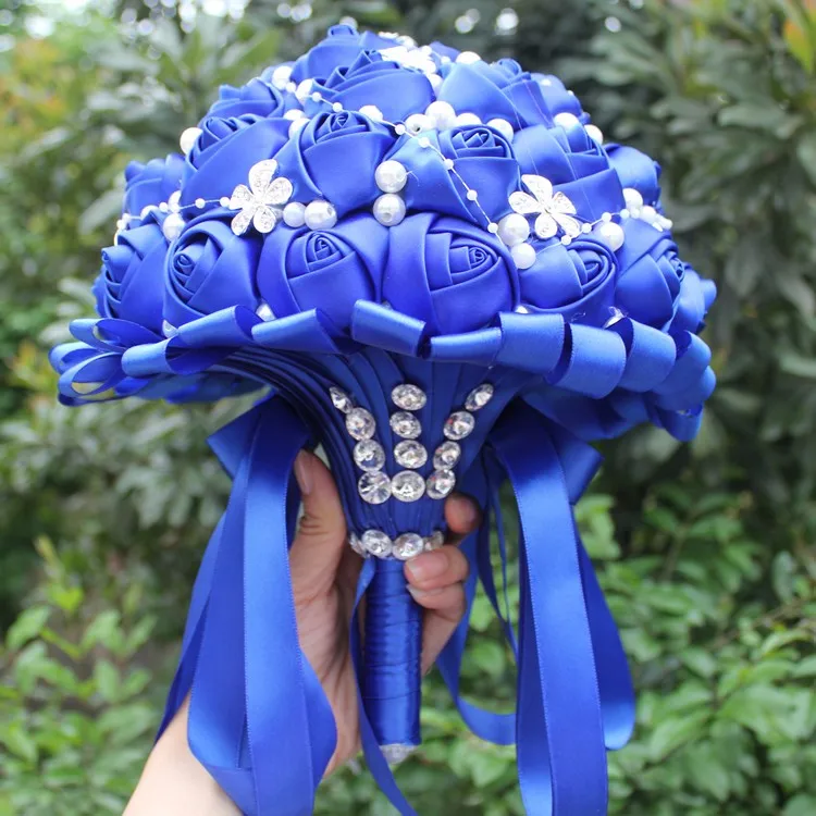 Алмазный Королевский синий Свадебный букет невесты искусственный цветок атласный Свадебный букет Красивый Ститч держатель для букетов W224A-5