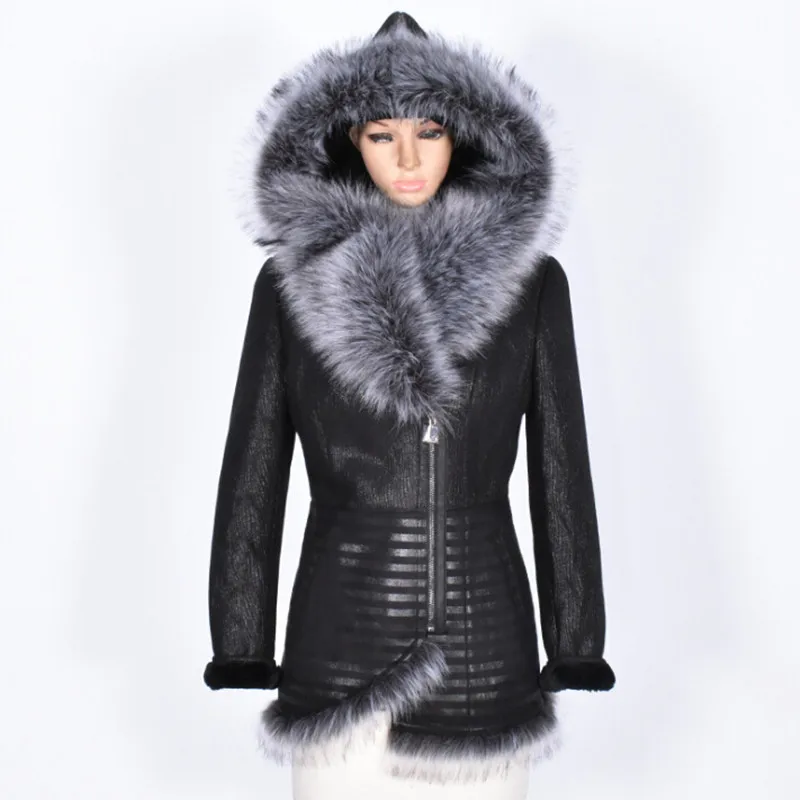 Real Fur Leather Jacket Women Natural Big Fox Fur Collar Hooded Coat
