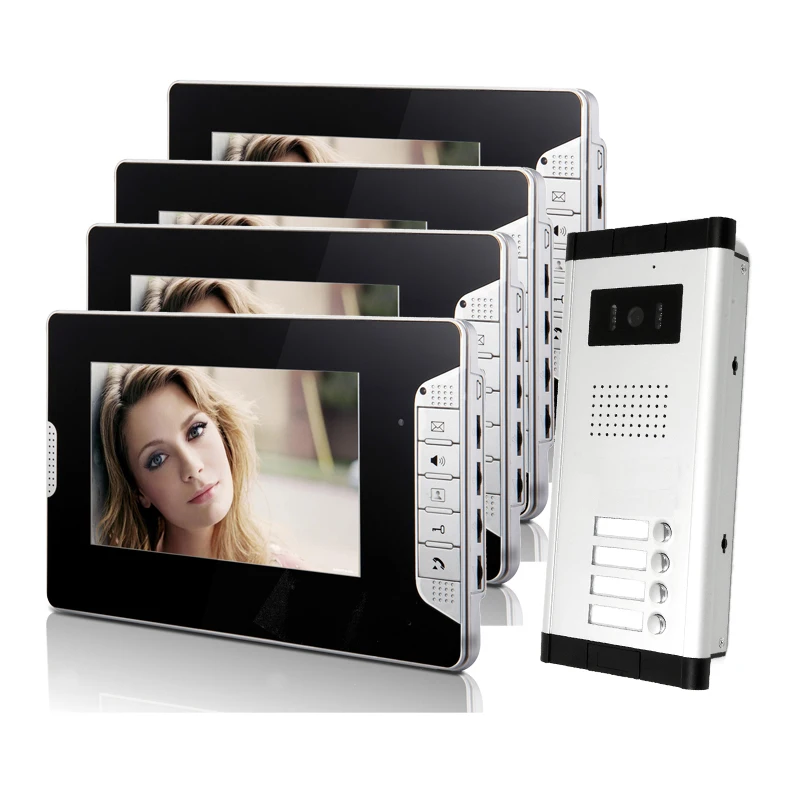 

FREE SHIPPING New 7" Color Video Intercom Door Phone System 4 Screen + 1 Outdoor Doorbell Camera For 4 Apartment Family In Stock