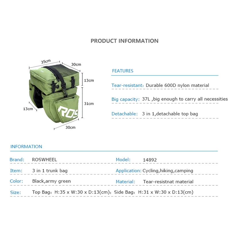 Sale ROSWHEEL 14892 Mountain Road Bicycle Bike 3 in 1 Trunk Bags Cycling Double Side Rear Rack Tail Seat Pannier Pack Luggage Carrier 1 Sale ROSWHEEL 14892 Mountain Road Bicycle Bike 3 in 1 Trunk Bags Cycling Double Side Rear Rack Tail Seat Pannier Pack Luggage Carrier 1