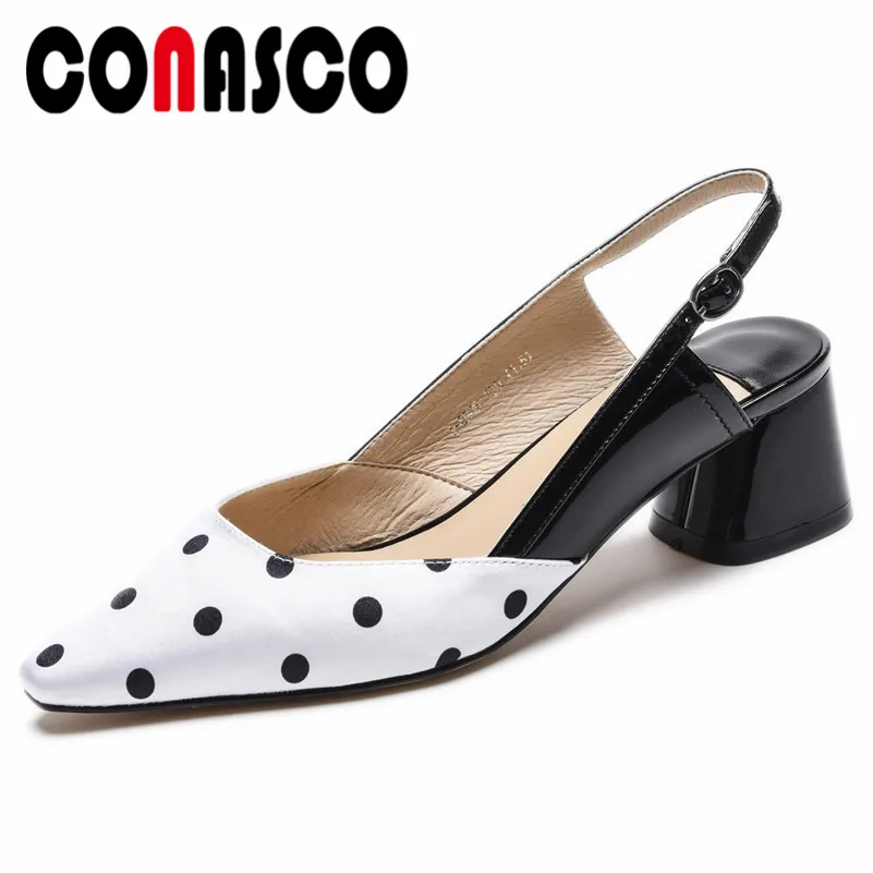 

CONASCO Spring Summer Elegant Concise Pumps Women New Brand Cow Leather Square High Heels Pointed Toe Shallowed Shoes Woman