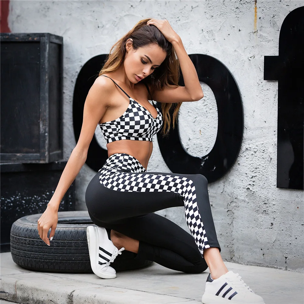 Women Sexy Crop Top And Leggings 2 Piece Set Casual Clothing Black And White Grid Printed