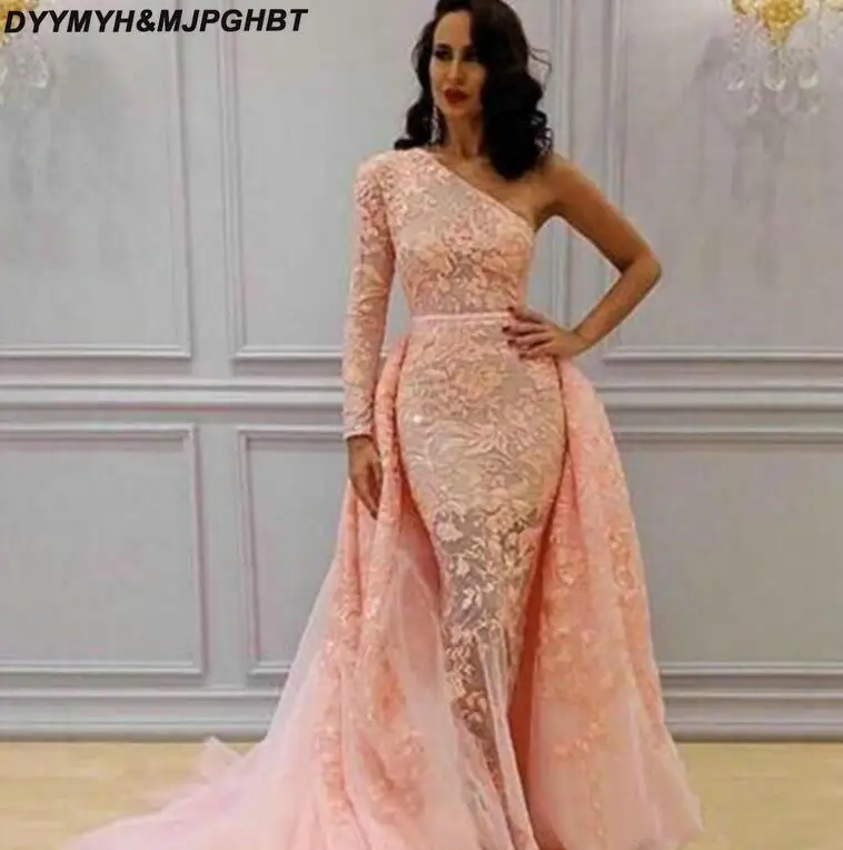 Coral Lace 2018 Evening Dresses Overskirts Mermaid Formal Arbaic Long Prom Dresses Single Long Sleeves Tulle Gorgeous Pageant Dress_