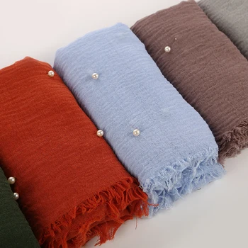 

High Quality Plain Colors Crinkled Bubble Cotton Scarf Shawl with Fringes Muslim Hijab Head Wrap Large Size 20PCS/Lot 55 color