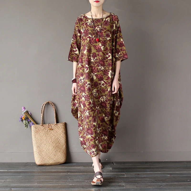 

Summer Dress 2016 Floral Print Half Sleeve Loose Dress Cotton Loose Waist Women Dress 2 Colors Casual Vintage Long Robe