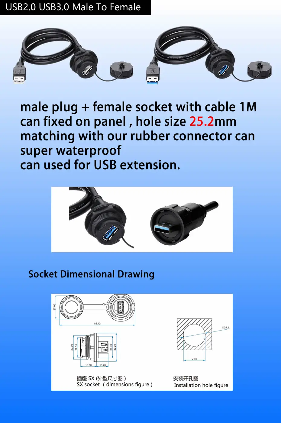 Водонепроницаемый USB разъем USB2.0 3,0 крепление на панель IP67 водонепроницаемый кабель 1 м USB разъем для мужчин и женщин удлинитель кабели 1 единица