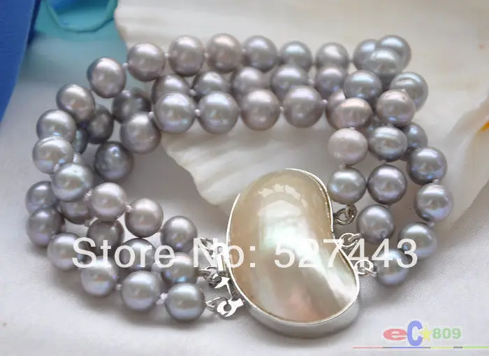 

Wholesale free shipping >>P4051 3row 8" 9mm GRAY ROUND FRESHWATER PEARL BRACELET