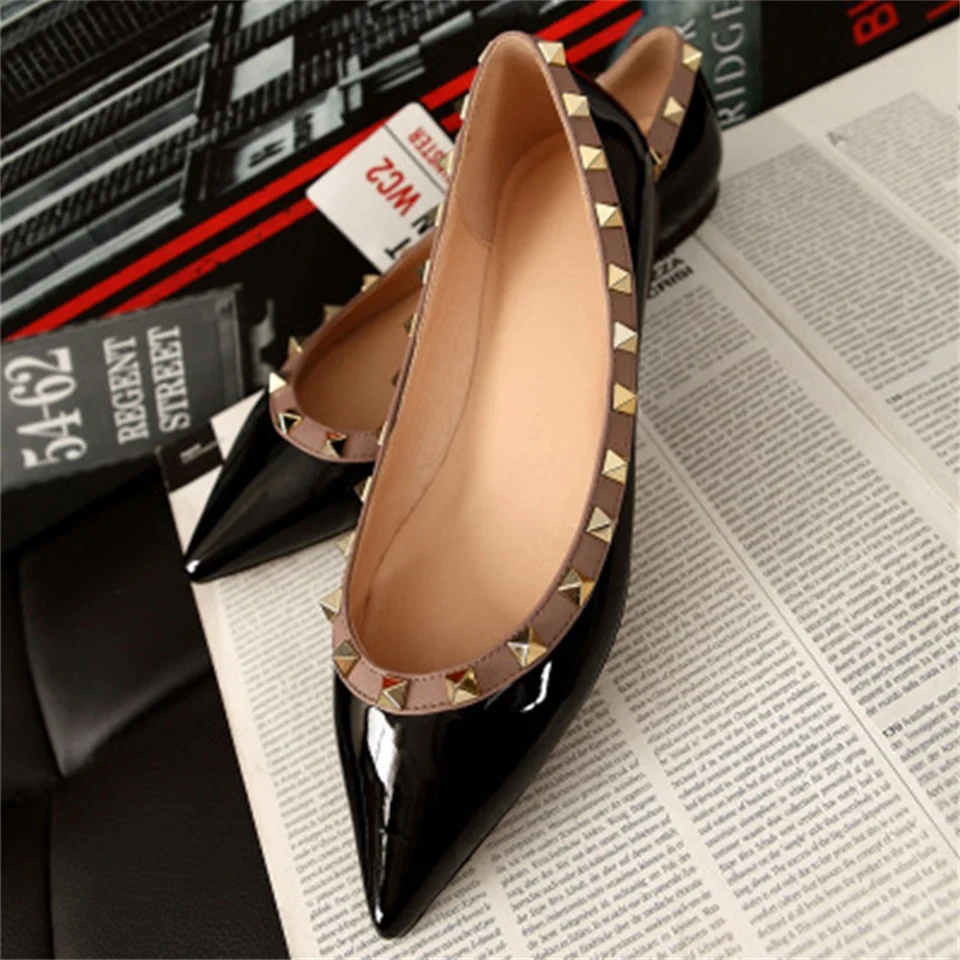 

2019 spring and summer new real leather women's shoes pointed toe rivets comfortable flat shoes women shoes