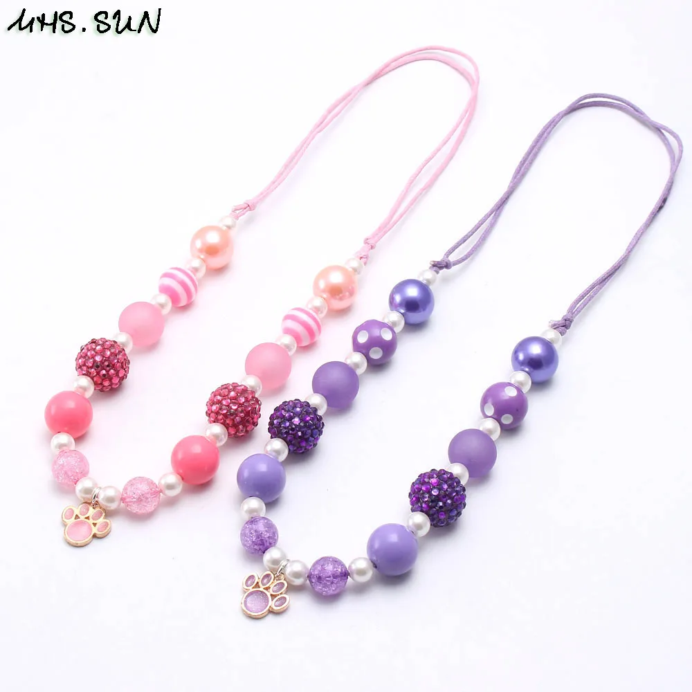 

MHS.SUN Girls Baby Jewelry Chunky Beads Necklace With Pink Cute Dog Claw Pendant Adjustable Rope Necklace For Kids Birthday Gift