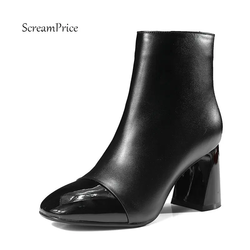 

Lady Genuine Leather Hoof Heels Mixed Colors Ankle Boots Fashion Zipper Round Toe Fall Winter Bootie Black White