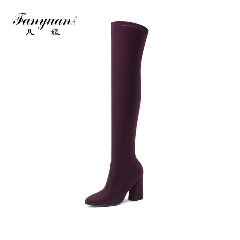 

fanyuan 2019 autumn winter over the knee boots women flock elegant prom thigh high boots thick high heels boots black size 34-43