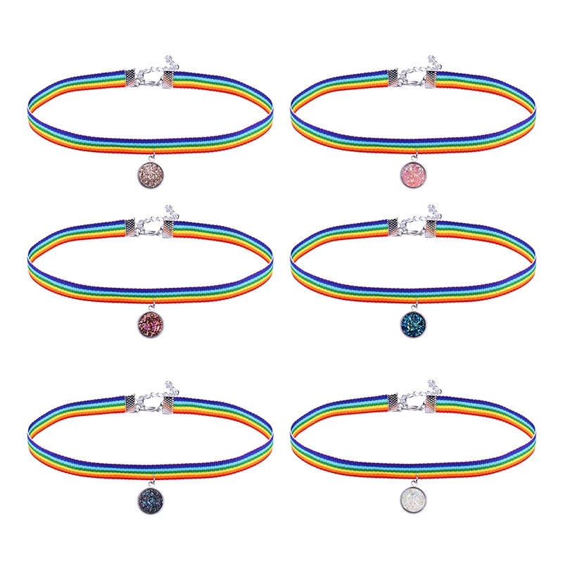 

6pcs/set Women Gay Pride Rainbow Choker Necklace LGBT Gay&Lesbian Pride Lace Chocker Ribbon Collar with Stone Pendant Jewelry
