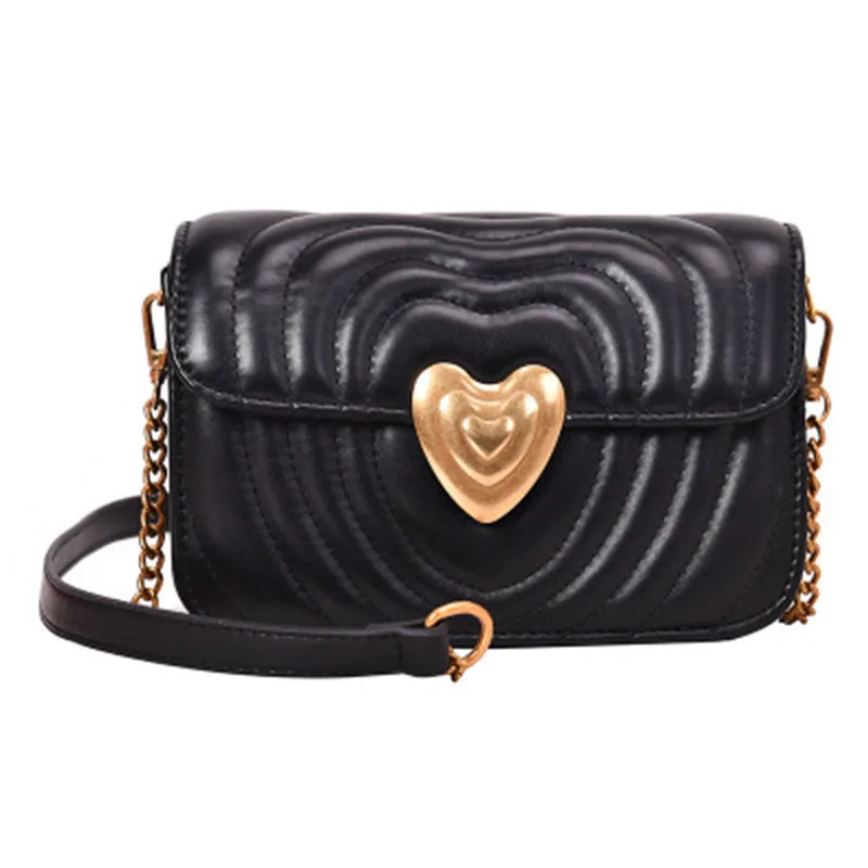 

2019 new elegant retro one-shoulder diagonal female bag texture lock wide shoulder strap chain love small square bag
