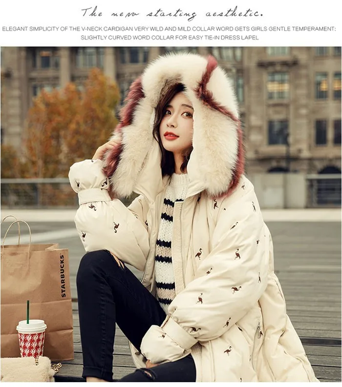 ZURICHOUSE Down Parka Women Long Hooded Fashion Embroidery Warm Natural Big Fur Collar White Duck Down Jacket Winter