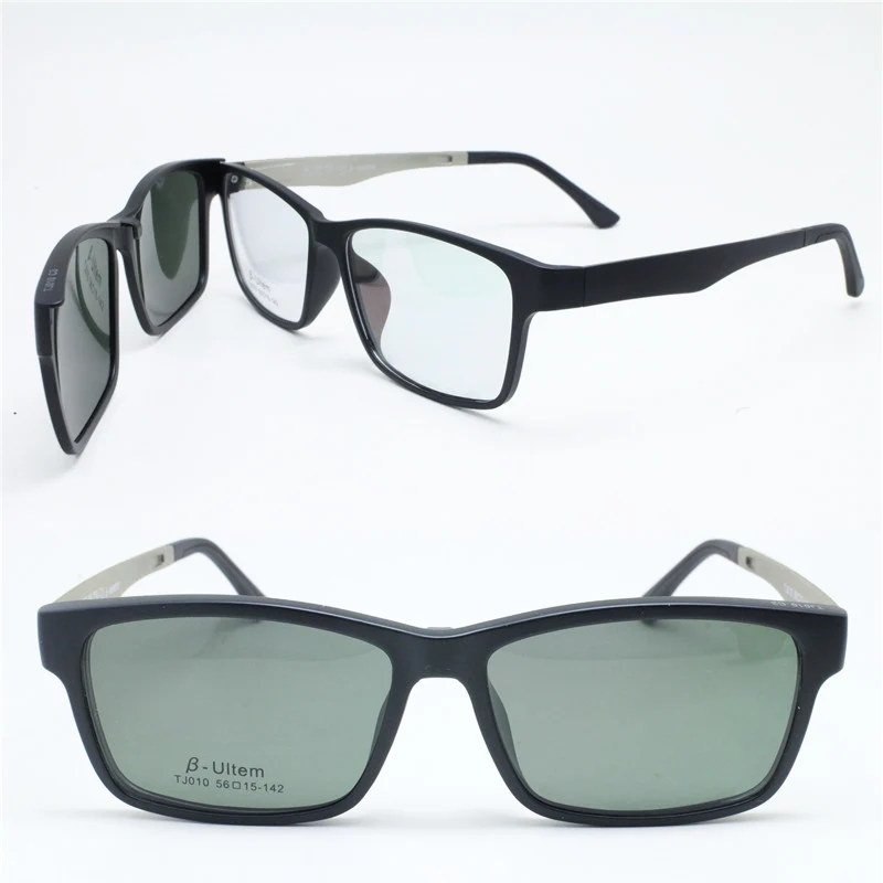 

fast sales 010 ULTEM square shape prescription glasses with megnatic clip on removable polarized sunglasses lens 2 in 1 glasses