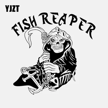 

YJZT 15.4CM*15.1CM Fish Reaper Fishing Reaper Skull Car Sticker Boat Anchor Truck Window Vinyl Decal Black/Silver C24-0573