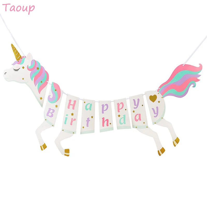 

Taoup Birthday Unicorn Banner Happy Birthday Banner Fabric Paper Flags and Banners Birthday Party Decors Kids Unicornio Party