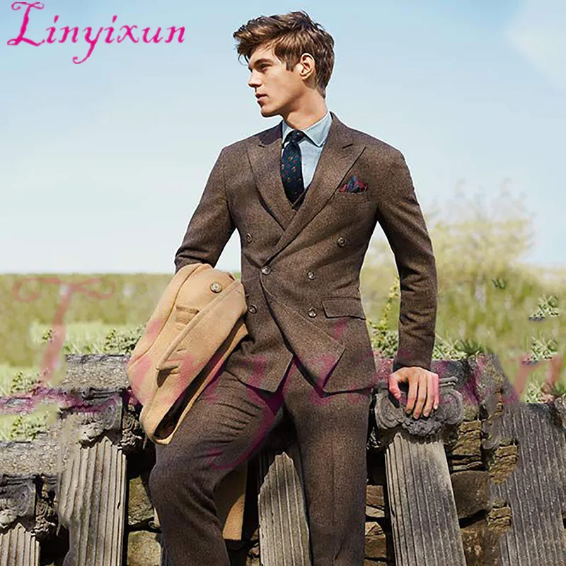 Linyixun коричневый Блейзер Мужской костюм мужской смокинг, пиджак костюмы для свадьбы двубортный формальный Выпускной костюм для мужчин с