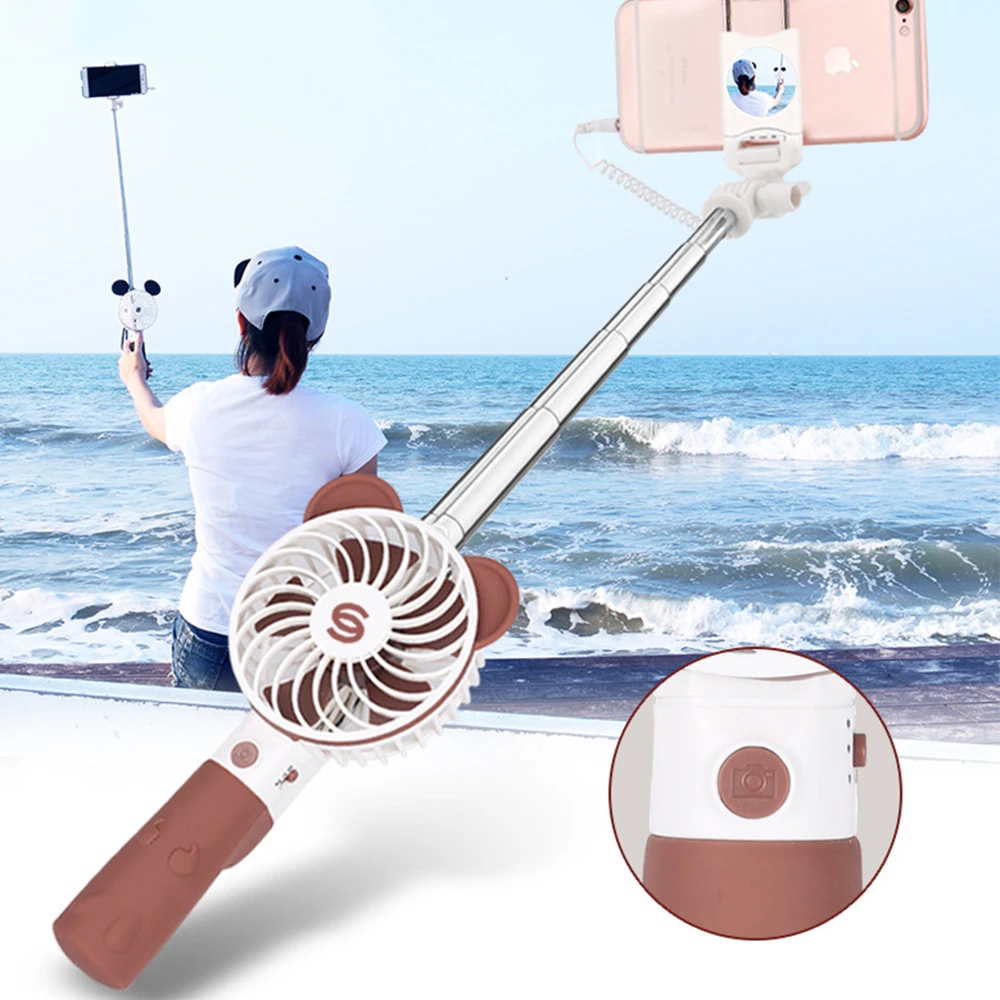 Cute Cartoon Selfie Stick Fan USB Mini Fan Tri Speed Strong Wind