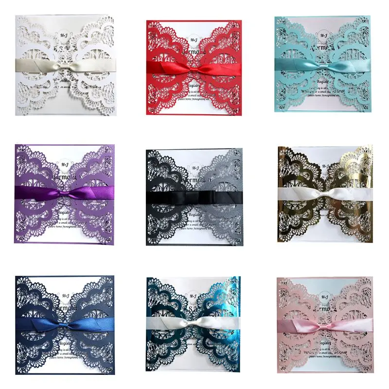 

50pcs Wedding Invitation Card with ribbon Laser Cut Floral Glittering Engagement Baptism Invitations Birthday Greeting Card