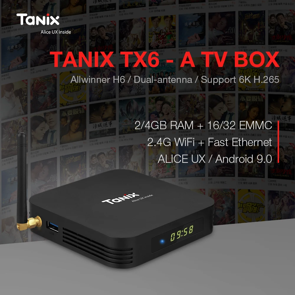 

Tanix TX6-A Smart TV Box Android 9.0 Allwinner H6 Dual-antenna USB3.0 USB2.0 4G+32G 2G+16G Set Top Box 2.4G WiFi 6K H.265 BT5.0