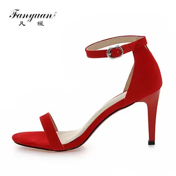 

Fanyuan Fashion Solid Ankle-Wrap Sandals Women Shoes Summer Buckle Strap Thin High Heels Elegant Flock Wedding Party Shoes