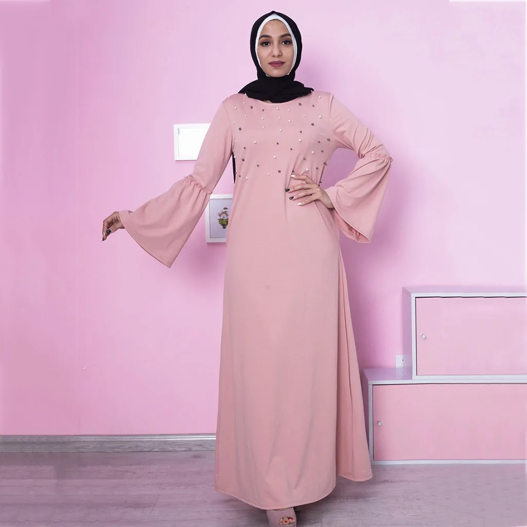 PK Цвет элегантный Pleated mAh плиссированные рукава abaya вязать с жемчугом Свободные Jilbab простая Абая, для мусульман исламское платье WomenY58 - Цвет: PK