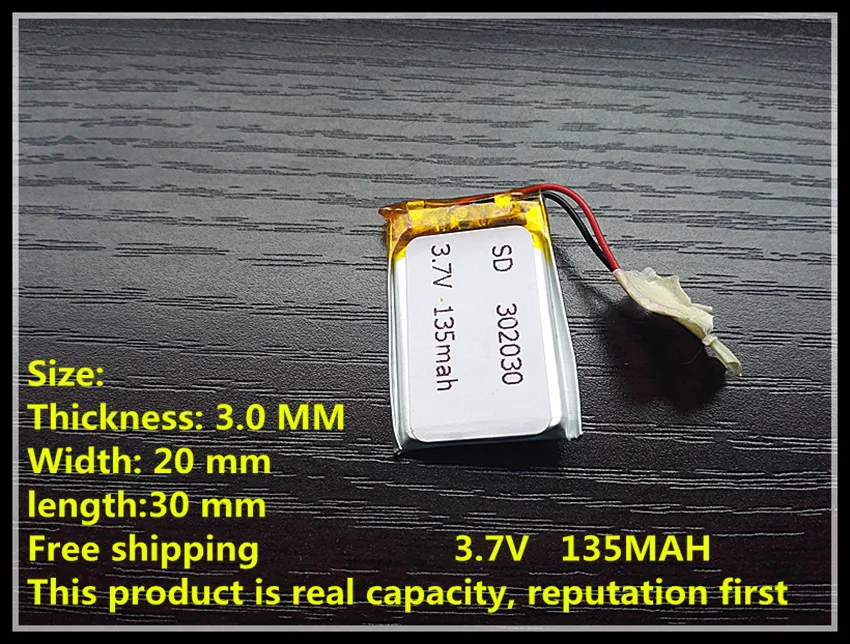 

1 PCS free shipping 3.7V lithium battery 302030 032030 135mah MP3 MP4 GPS Bluetooth cell battery toys