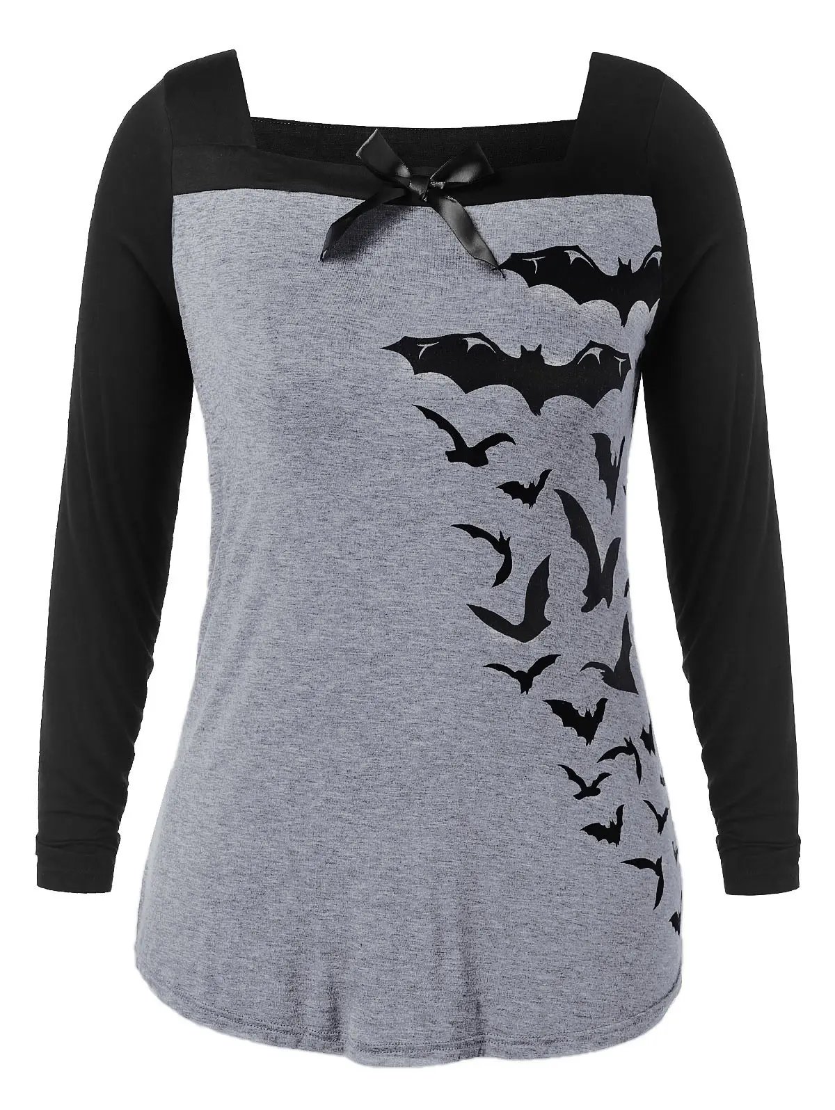 

Wipalo Halloween Women Plus Size Contrast Bat Print T-Shirt Square Collar Long Sleeve Front Bow Embellished Casual Tee Top 5XL