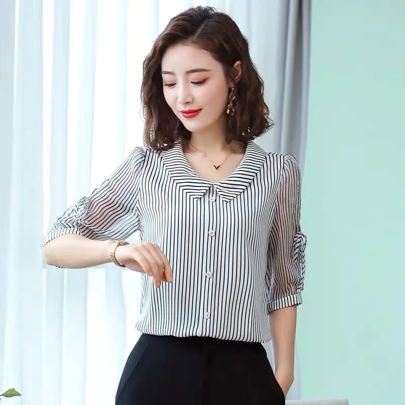 

Women Spring Summer Style Chiffon Blouses Shirts Lady Casual Half Sleeve Peter Pan Collar Striped Patchwork Blusas Tops DF2768