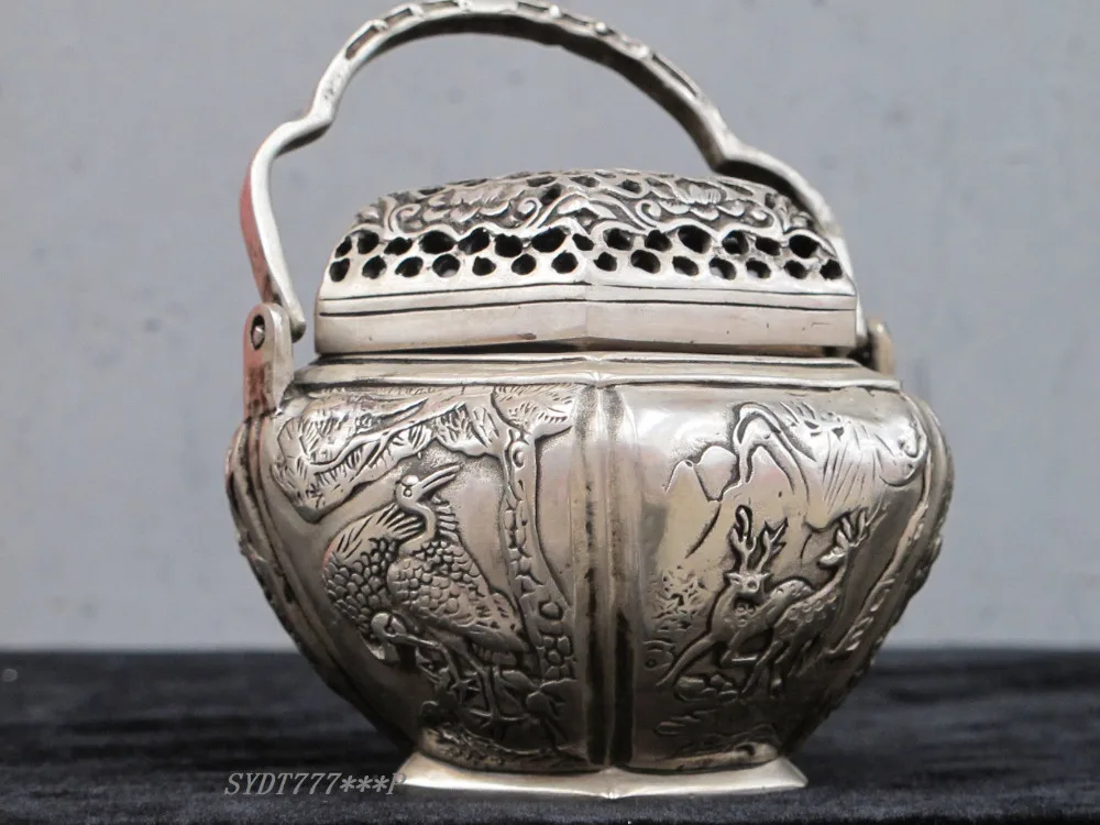 

5"Chinese Hand Made Silver Copper Crane & Deer & Bird ancient warm hand warmer copper Decoration real Brass