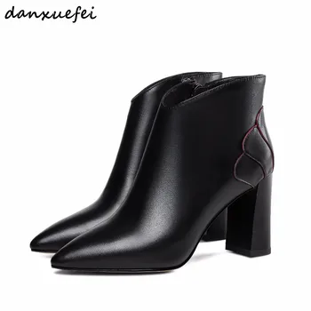 

Women's genuine leather ankle boots thick high heel pointed toe short booties high quality ladies autumn boots shoes for women