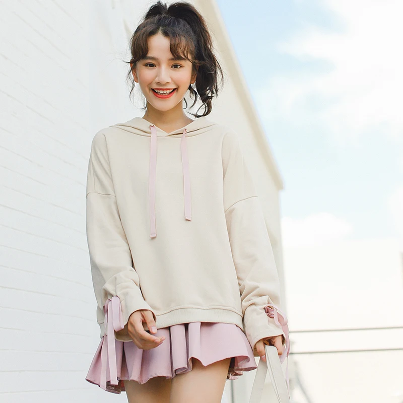 

harajuku fashion korean sweatshirt winter 2019 autumn personality ladies hoodies sweet pink ribbon bow tie ulzzang hoodie women
