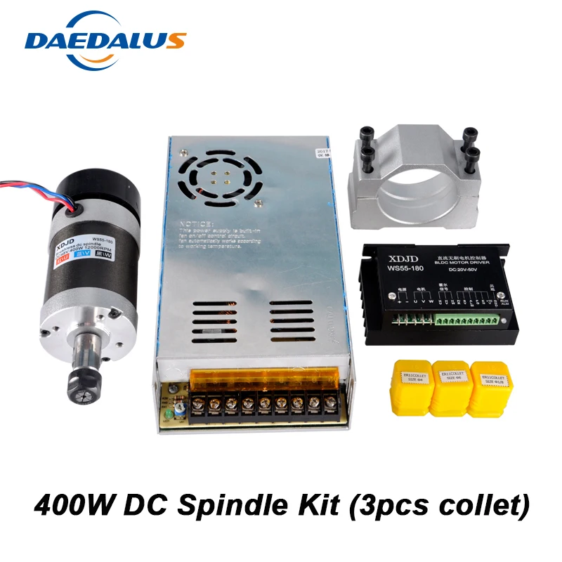 CNC Spindle Brushless 400W ER11 Collet Spindle Motor + Switching Power Supply + Motor Driver + 55MM Clamp + 3pcs ER11 Collet CNC Spindle Brushless 400W ER11 Collet Spindle Motor + Switching Power Supply + Motor Driver + 55MM Clamp + 3pcs ER11 Collet